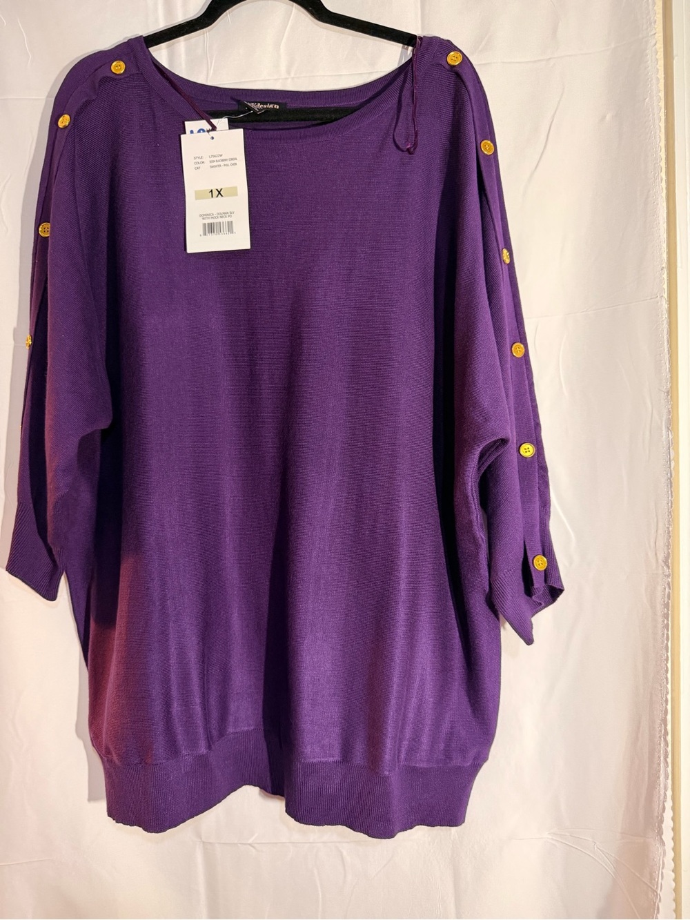 Plus-Size Off-the-Shoulder Purple Sweater with Gold Buttons
